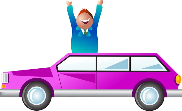 Happy man on purple car — Stock Vector