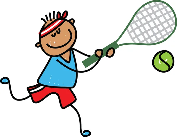Genç çocuk beyaz bir arka plan üzerinde tenis oynamaya — Stok Vektör