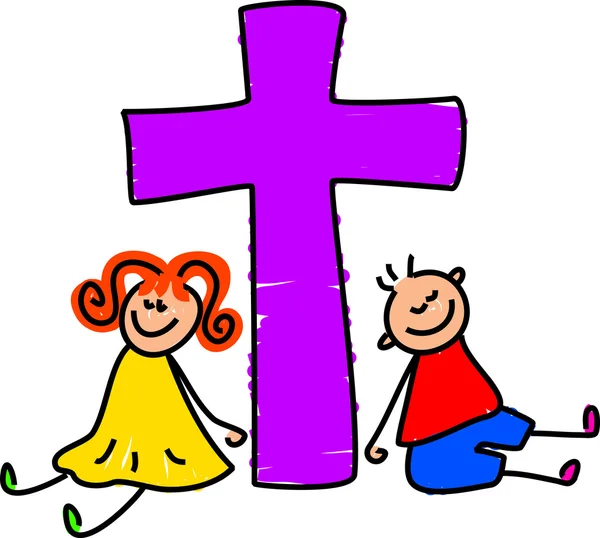 Щасливі християнські діти навколо хреста . — стоковий вектор