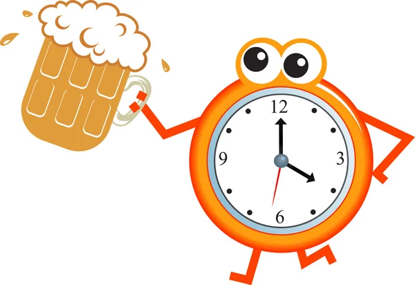 Tiempo de la cerveza reloj de dibujos animados — Vector de stock