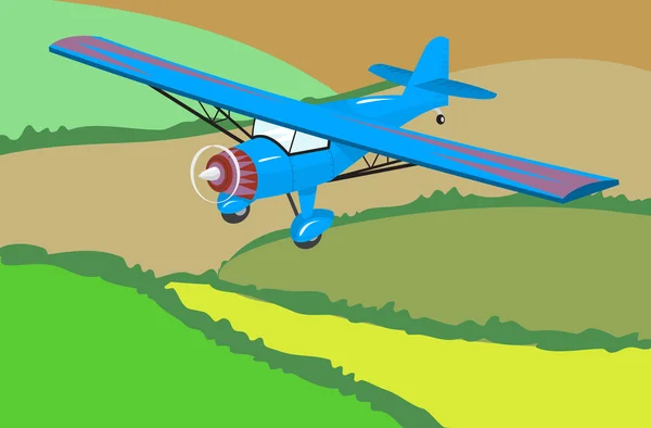 Campos de colheita e avião azul voador — Vetor de Stock