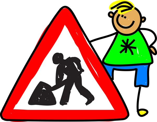 Boy standing next to a MEN AT WORK traffic sign. — Stock Vector