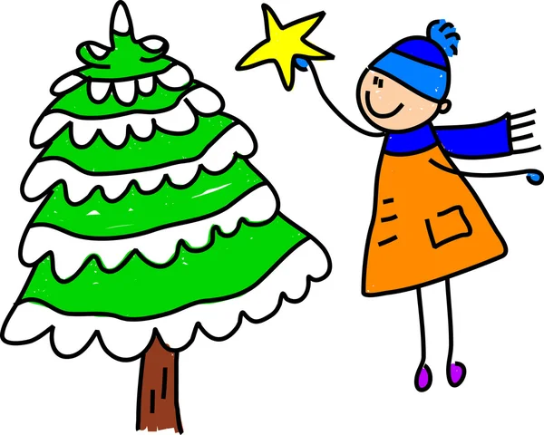 Niño decora árbol de Navidad — Vector de stock