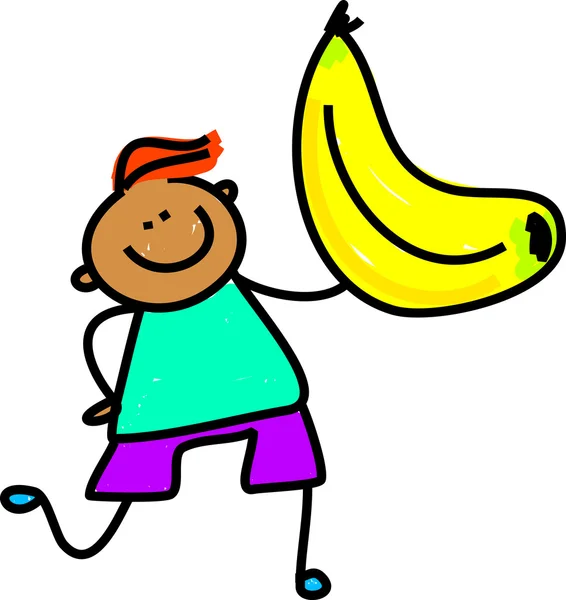 Menino feliz segurando uma banana . —  Vetores de Stock