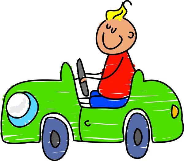 Cartoon van schattige jongen in speelgoedauto — Stockvector