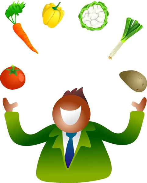 Человек жонглирует различными овощами — стоковый вектор