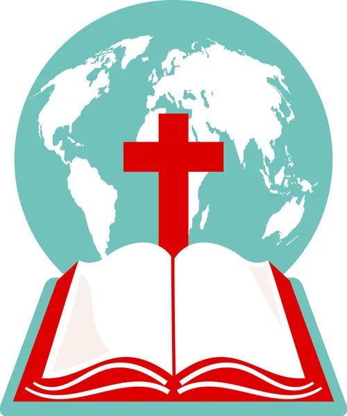 Globe van de wereld met het Kruis van Golgota en een Heilige Bijbel — Stockvector