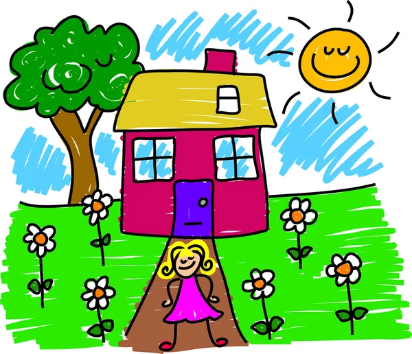 Můj dům a dívka kreslený — Stockový vektor