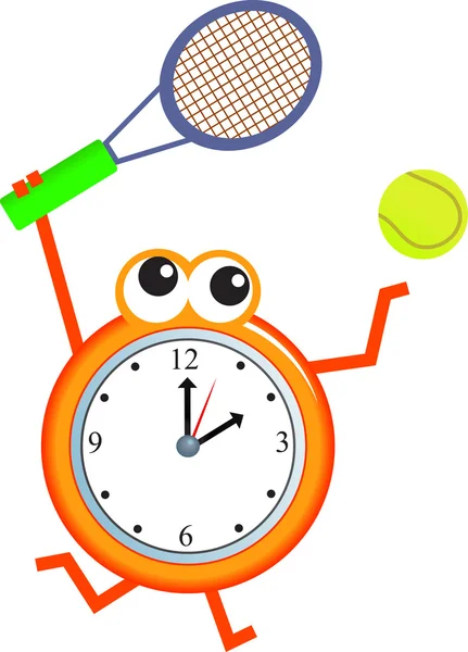 Relógio com raquete de tênis e uma bola — Vetor de Stock