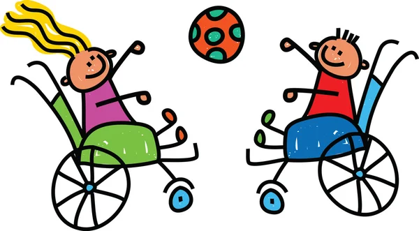Двое детей играли с мячом на инвалидной коляске . — стоковый вектор
