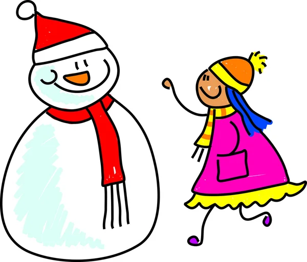 Meisje spelen met een sneeuwpop — Stockvector