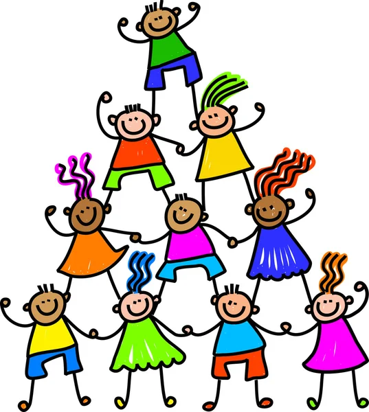 Bir kule oluşturan çocuklar.