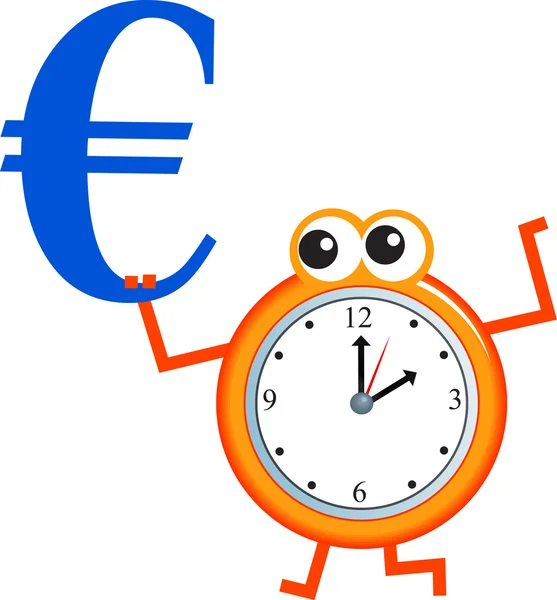 Cara de reloj con signo de moneda azul euro . — Vector de stock