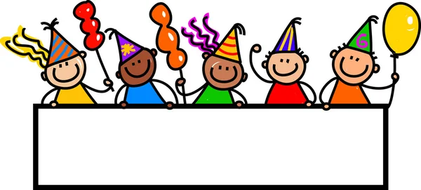 Mutlu ve çeşitli doğum günü partisi çocuk grup — Stok Vektör