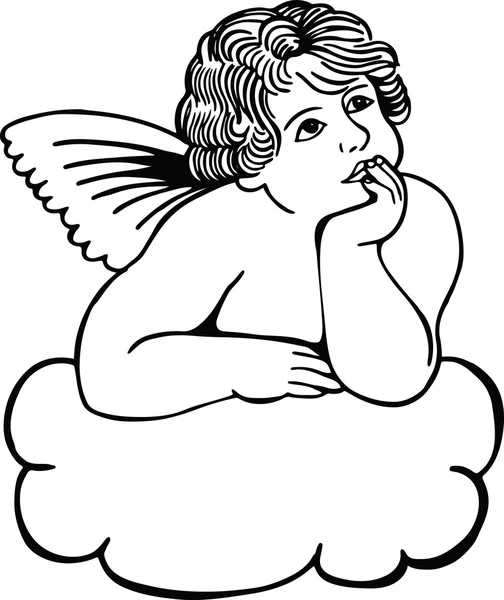 Cute cherub resting on a cloud deep in thought. — Stock Vector