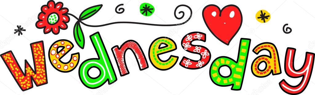 Hand drawn and colored whimsical cartoon special occasion and expression text that reads WEDNESDAY.