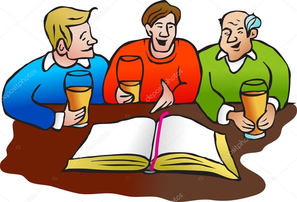 Men sat discussing the Holy Bible