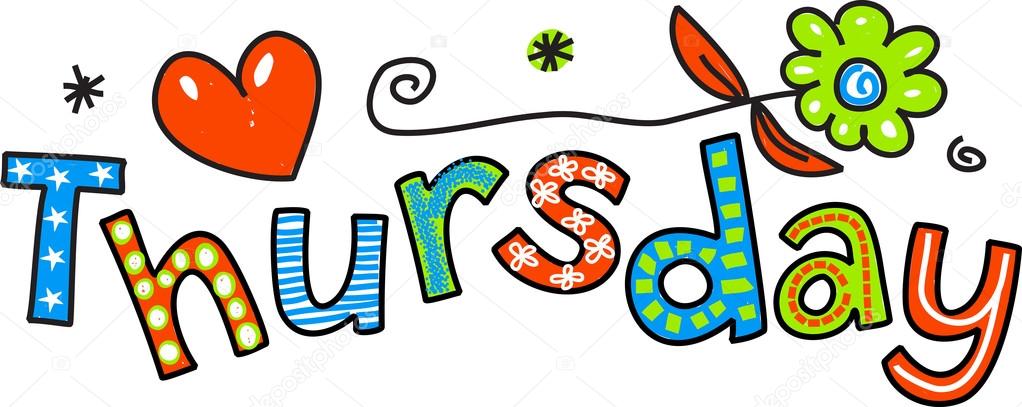 Hand drawn and colored whimsical cartoon special occasion and expression text that reads THURSDAY.