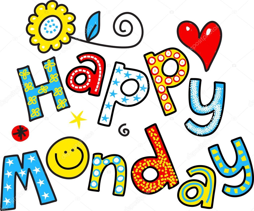 Hand drawn and colored whimsical cartoon special occasion text that reads HAPPY MONDAY.