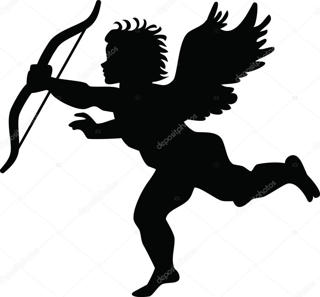 Black silhouette of a cupid shooting arrow
