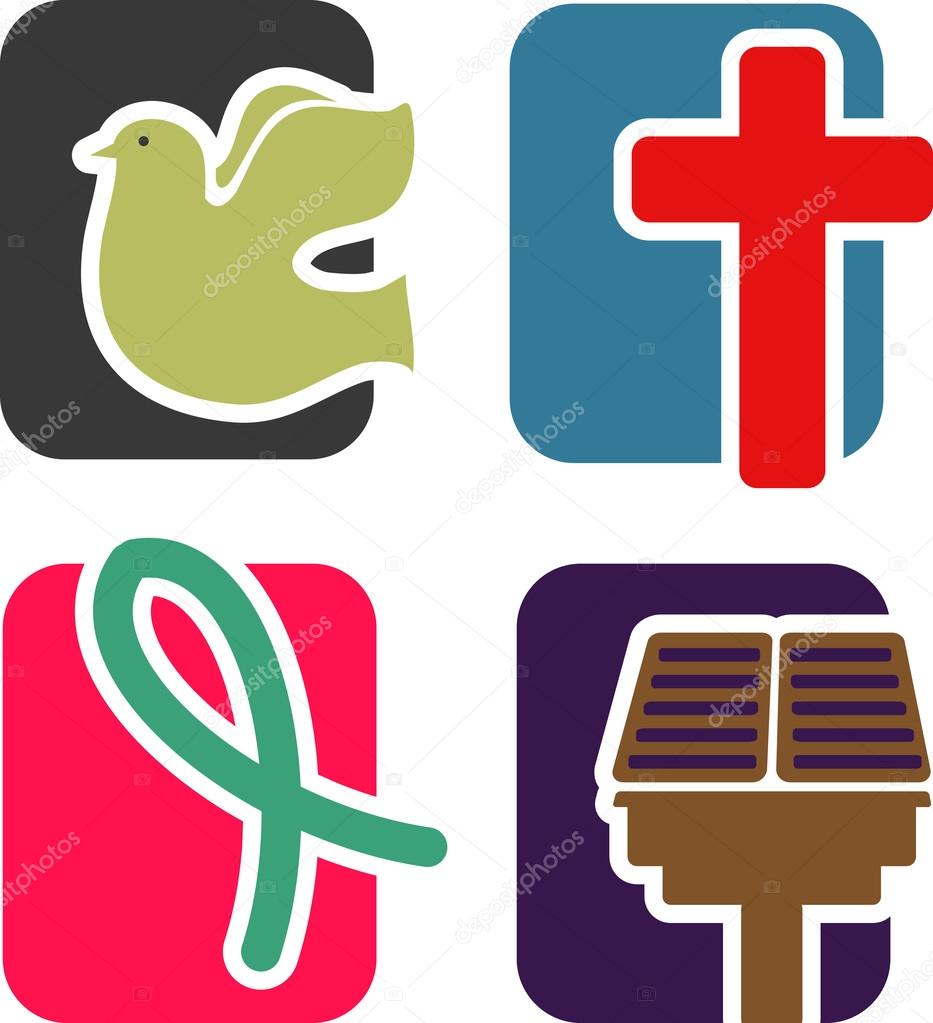 A set of four, two color icons on the theme of Christianity and faith.