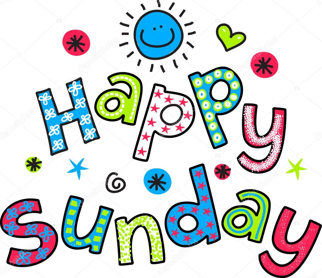 Hand drawn and colored whimsical cartoon special occasion text that reads HAPPY SUNDAY.