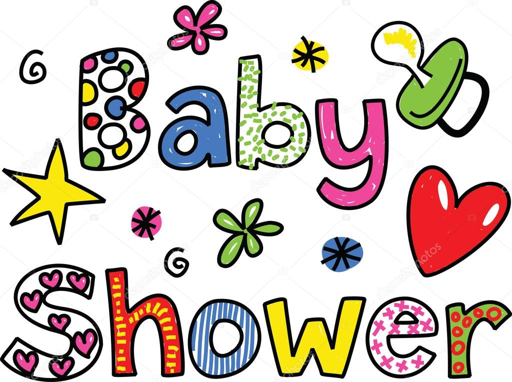 Hand drawn and colored whimsical cartoon text that reads  -  BABY SHOWER.