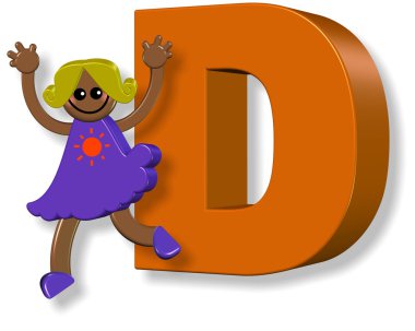 Kız dev bir harf D yanında ayakta.