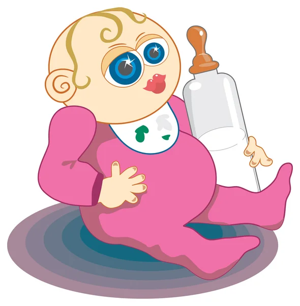 Bebé niña sosteniendo botella de leche — Vector de stock