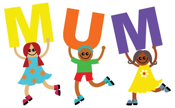 Дети, держащие слово MUM — стоковый вектор