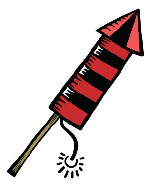 Bir havai fişek roket aydınlatılmış sigorta ile çizim bir el çizilmiş doodle.