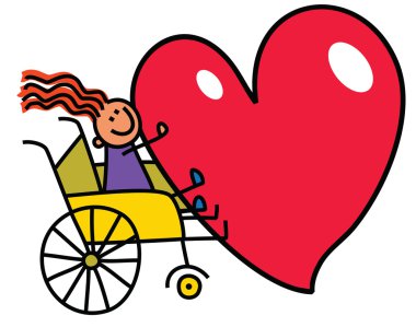 Engelli çocuk kalp tutan tekerlekli sandalyede