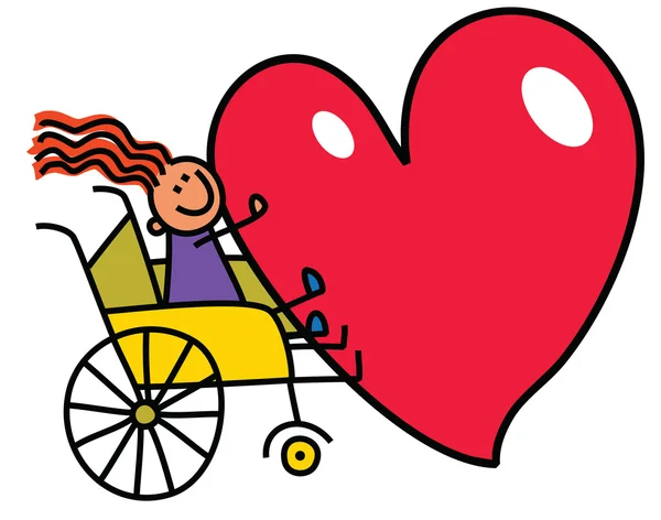 Disabled child in wheelchair holding heart — Stock Vector