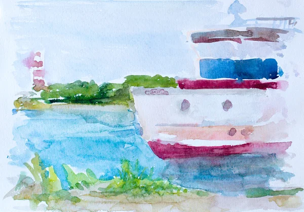 Navio no mar, pintura a aquarela sobre tela — Fotografia de Stock