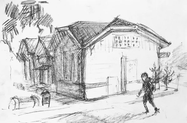 Casa sulla strada, disegno a matita — Foto Stock