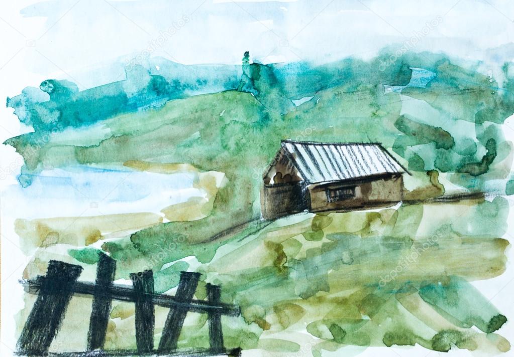 Old house in green forest, watercolor painting