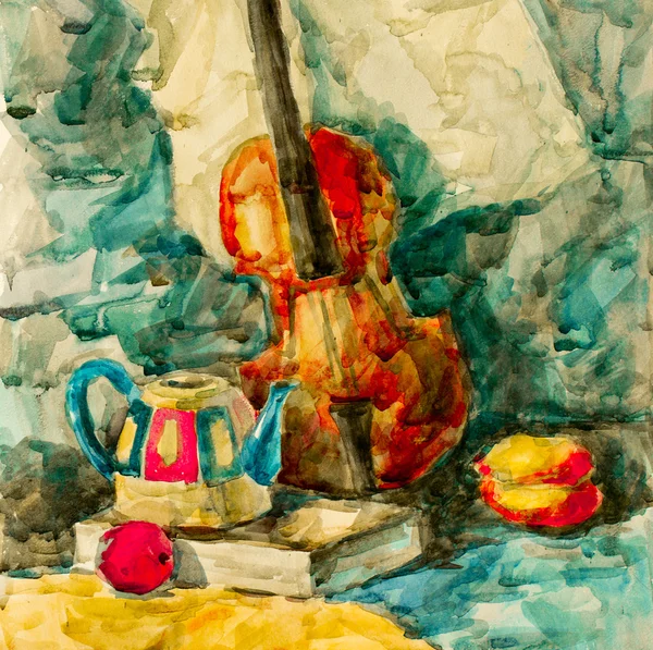 Violino na mesa, desenho aquarela — Fotografia de Stock