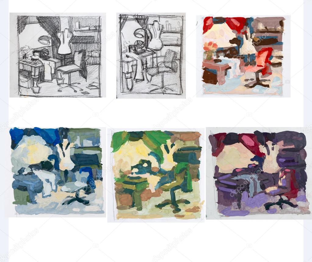 Set of small pictures of sewing workshop, drawing gouache