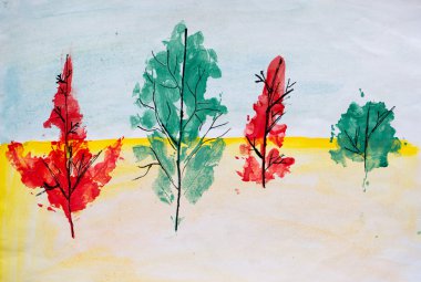 Sonbahar orman, suluboya resim