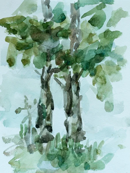 Floresta verde, pintura aquarela — Fotografia de Stock