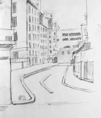 Şehir, kalem kroki sokakta