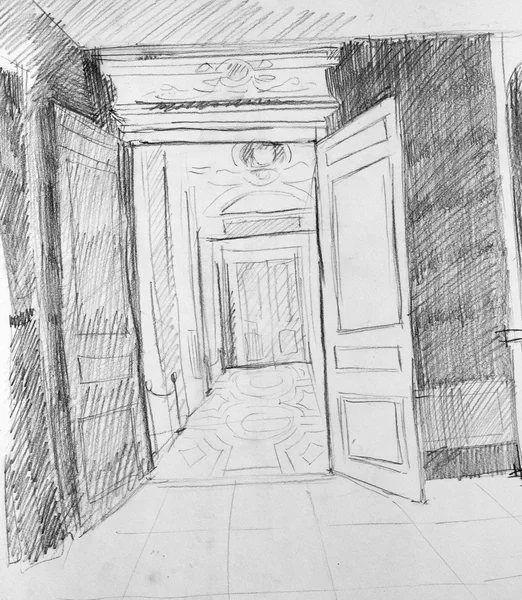 Dveře v galerii, náčrt tužkou — Stock fotografie