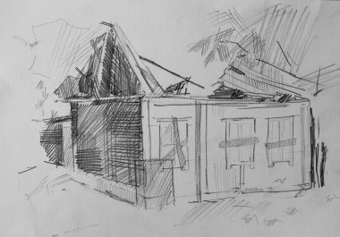 House after the fire, pencil drawing