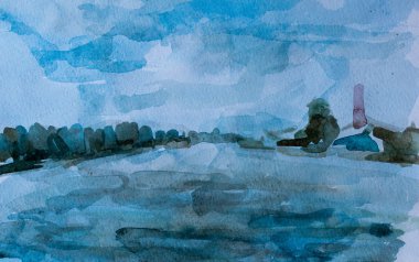 Deniz ve gökyüzü, suluboya resim