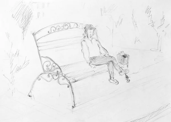 Banc dans le parc, dessin au crayon — Photo