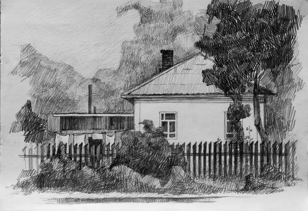 Casa en el pueblo, boceto a lápiz —  Fotos de Stock