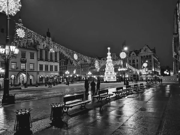 Magnifique Panorama Nocturne Noir Blanc Marché Wroclaw Pologne — Photo