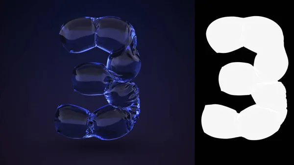 3 numaralı neon suyu. Sayılar kabarcık kümesi yazı tipi. Typography Design Element. Siyah arkaplan üzerinde alfa kanal maskeli 3B oluşturma simgesi izole edildi