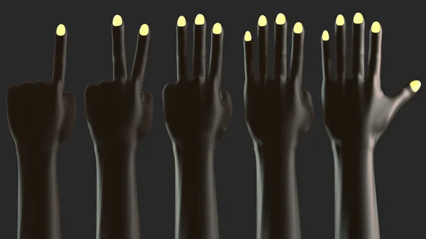 Black hands sign finger show number, isolated on black background. 3D-rendering