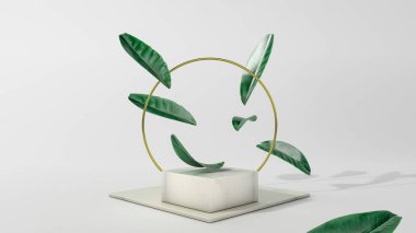 Golden circle and podium with falling leaves 3D Illustration